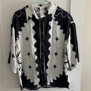 Tigre Indigo for Anthropologie Linen Rolled Sleeve Button Down Shirt